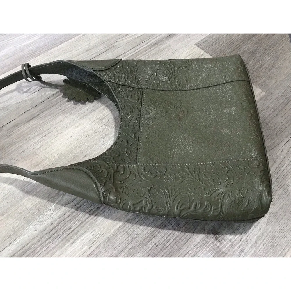 Shoulder Bag Tooled 100% Olive Green Leather Purse Handbag Made in India